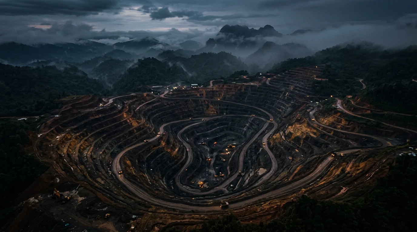 Open-pit mine in Laos at dusk